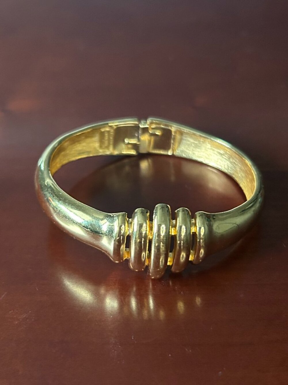 Signed Trifari Gold Tone Hinged Bangle Bracelet Vintage 1970s Statement